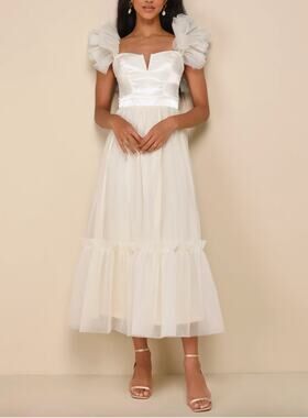 Lulus Angelic Radiance Cream Tulle Ruffled Midi Dress Wedding Bride Bridal